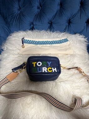 Tory Burch Navy Leather Crossbody with Multicolor Logo
